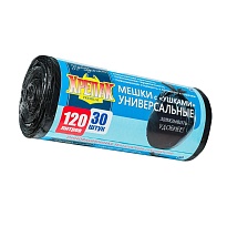Мешки для мусора 120 л, с ушками, черные, в рулоне 30 шт., ПНД, 15 мкм, 1100х700 мм, Крепак, 4607075710375 в Одинцово